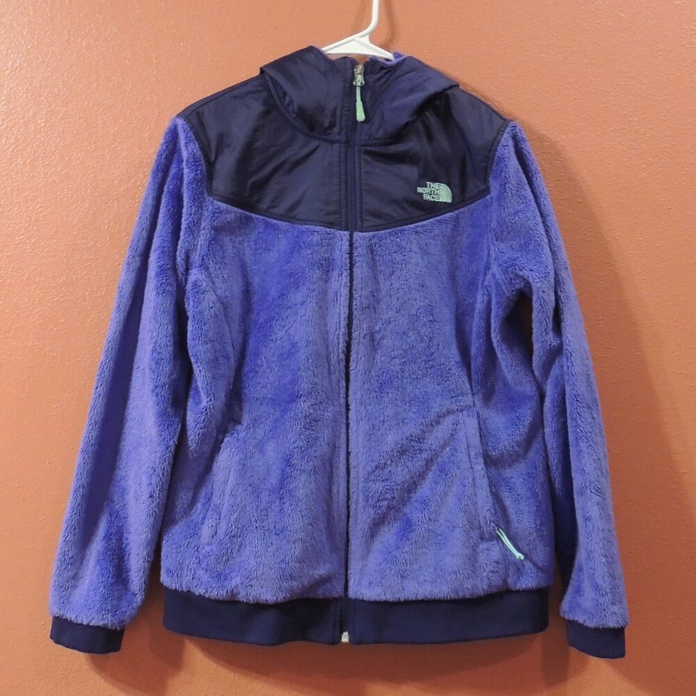 North Face Jacket Woman Large Blue Purple Full Zip Pockets Fleece Hooded Jacket